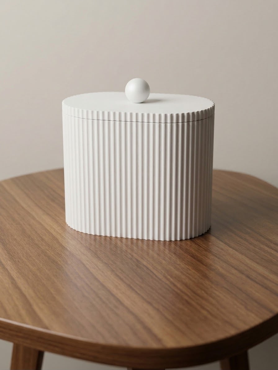 Porta Cotonete e Algodão branco fechado sobre mesa de madeira